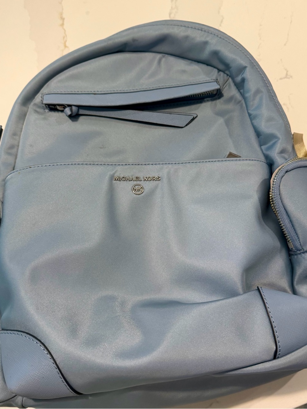 Michael Kors Light Blue Nylon Backpack Travel Laptop Bag. Silver Hardware